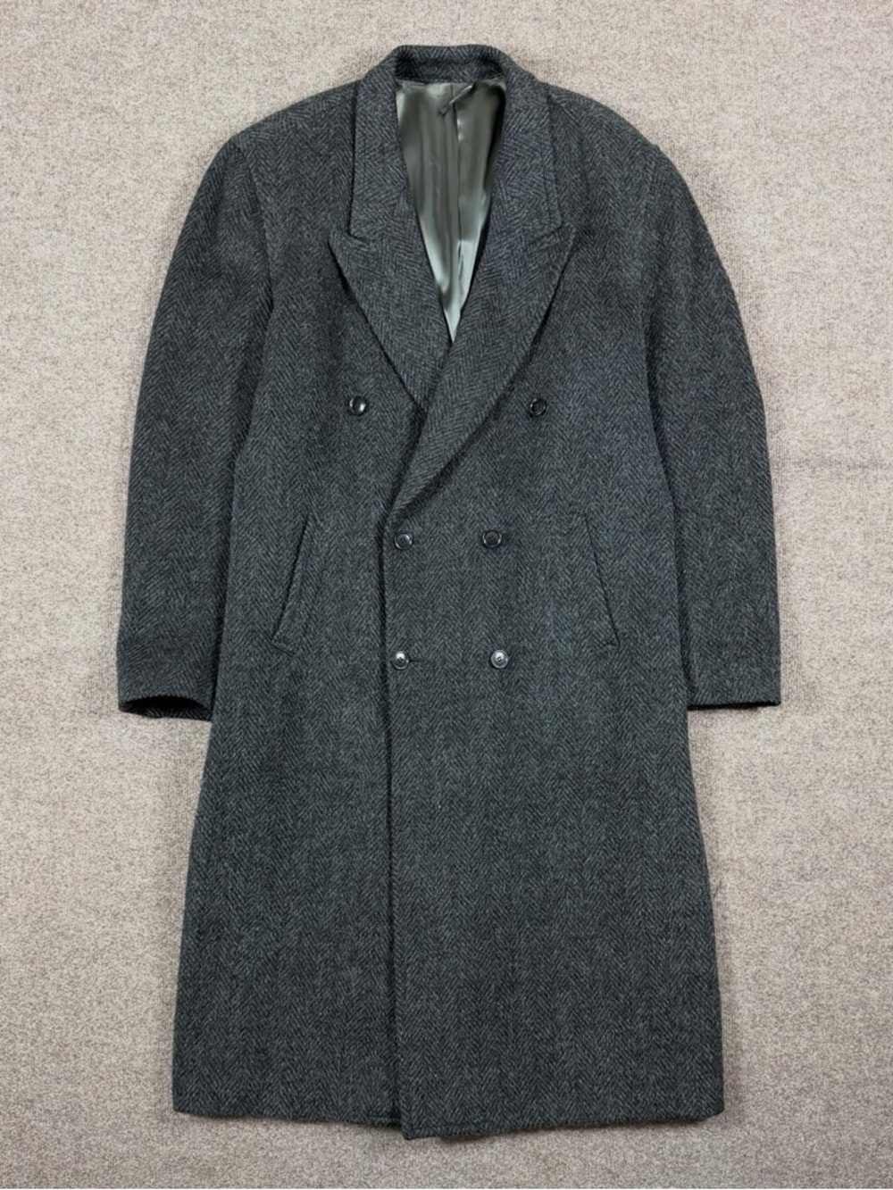Rubin Grey Herringbone Wool Mohair Blend Long Double Breased Overcoat Men’s XXL